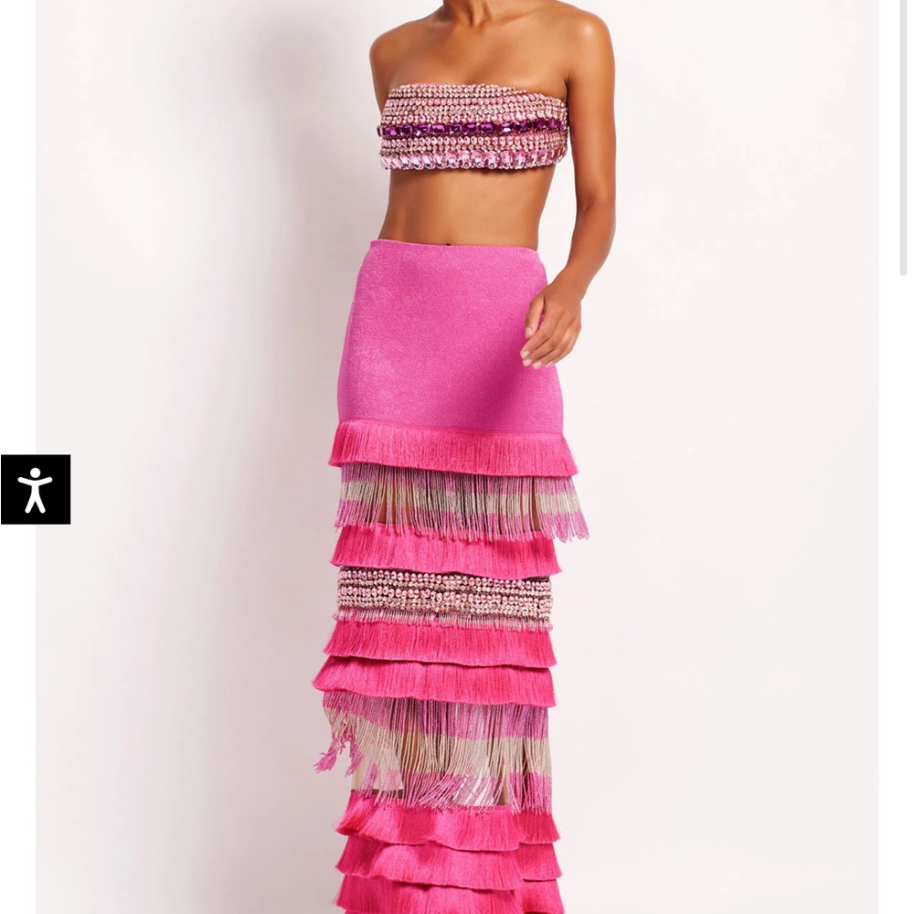 PATBO crystal bandeau and beaded fringe skirt pink set. Size 0